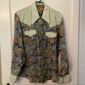 Vintage Sea-foam-Green and Flower-Pattern Sears Western Wear Shirt